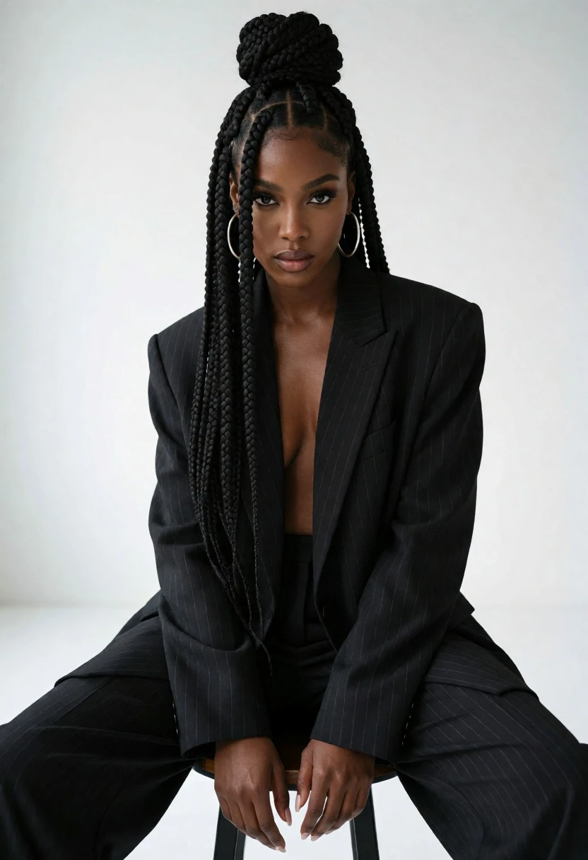 Black woman in pinstripe suit sitting powerfully against a white studio backdrop - AI generated image prompt sample