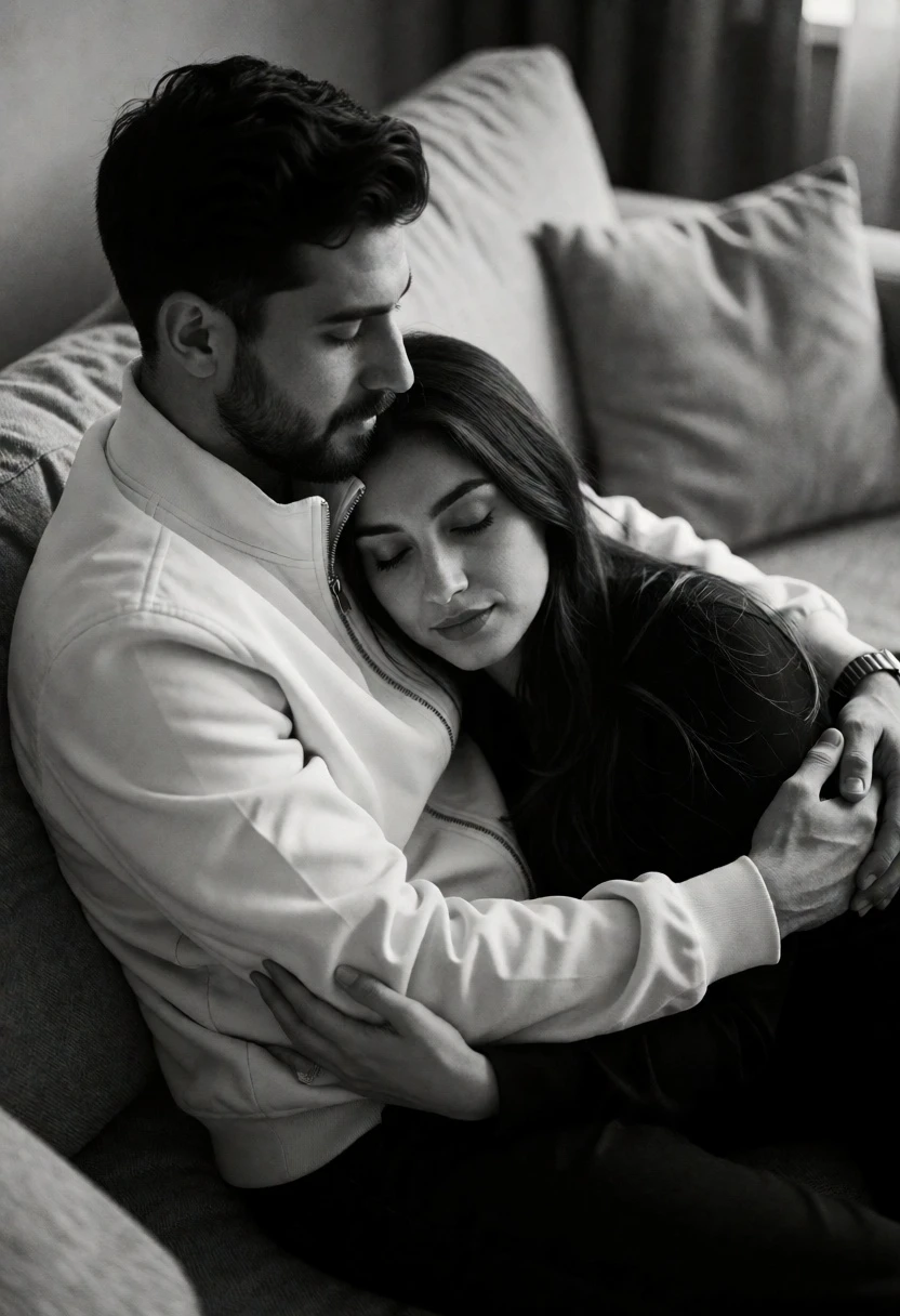 Black and white photograph of embracing couple seated on textured sofa - AI generated image prompt sample