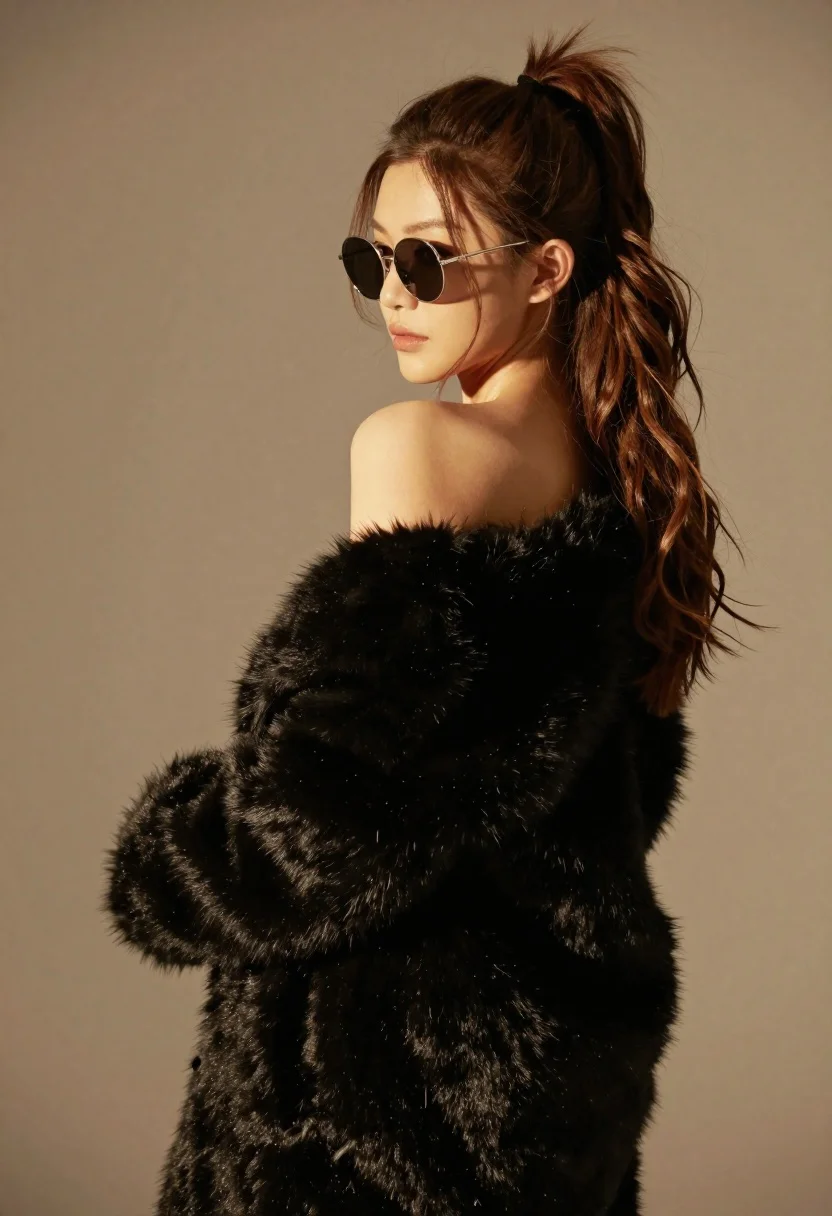 Young woman in black fur coat looking back over shoulder studio portrait - AI generated image prompt sample