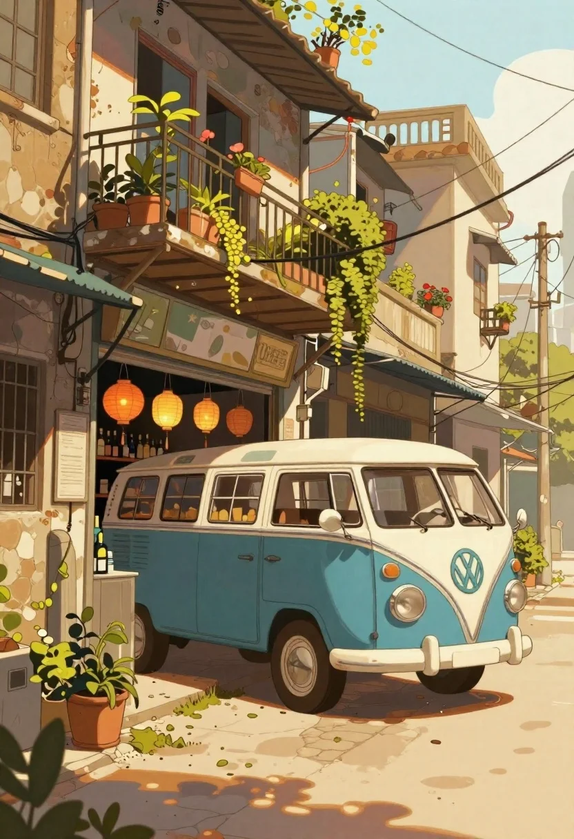 Illustrated street scene with blue vintage bus and storefront