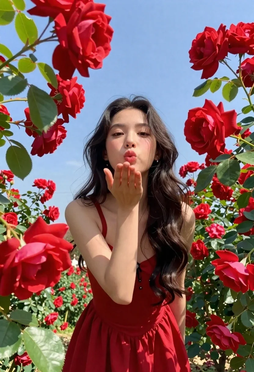 Young woman in deep red dress blowing kiss in rose garden - AI generated image prompt sample