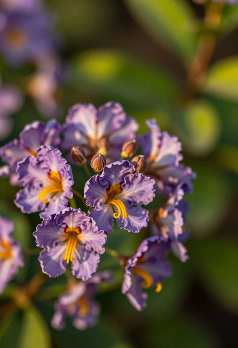 Macro shot of purple blossoms with yellow stamens against soft green bokeh - AI generated image prompt sample