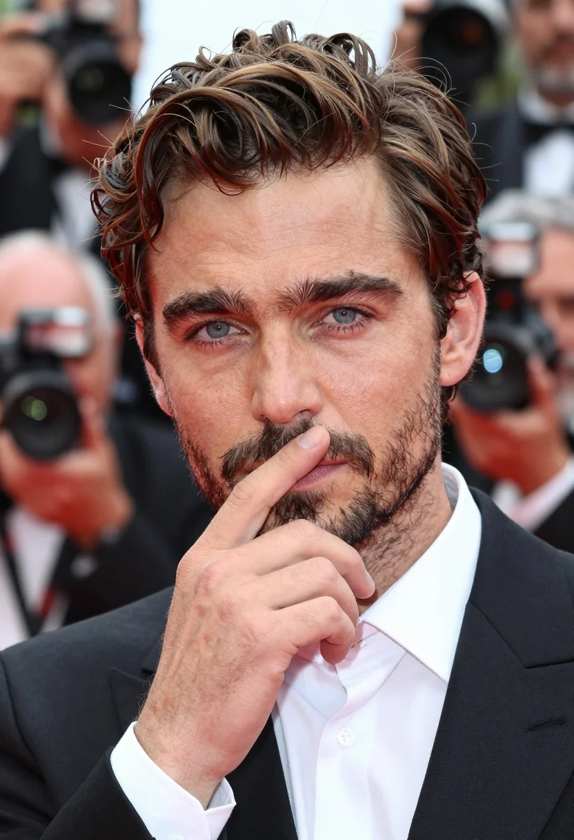 Close up portrait of man in tuxedo at red carpet event - AI generated image prompt sample