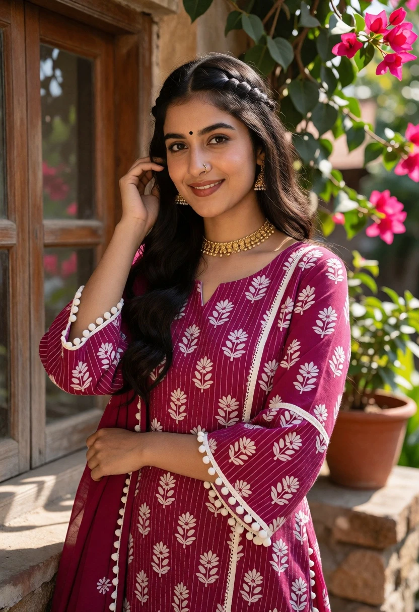 Young woman in magenta kurta near rustic window frame with green foliage - AI generated image prompt sample