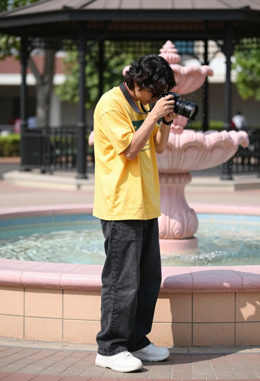 Man in yellow tshirt holding camera outdoors by pink fountain - AI generated image prompt sample