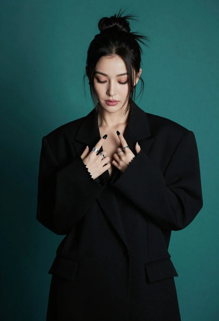 Portrait of woman in black garment against teal green background