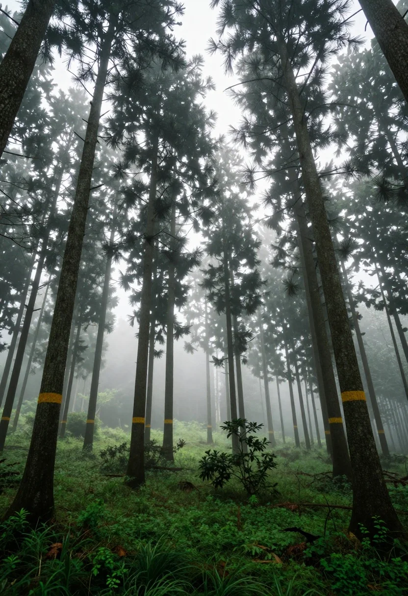 Low angle view of tall coniferous trees in a misty forest setting - AI generated image prompt sample