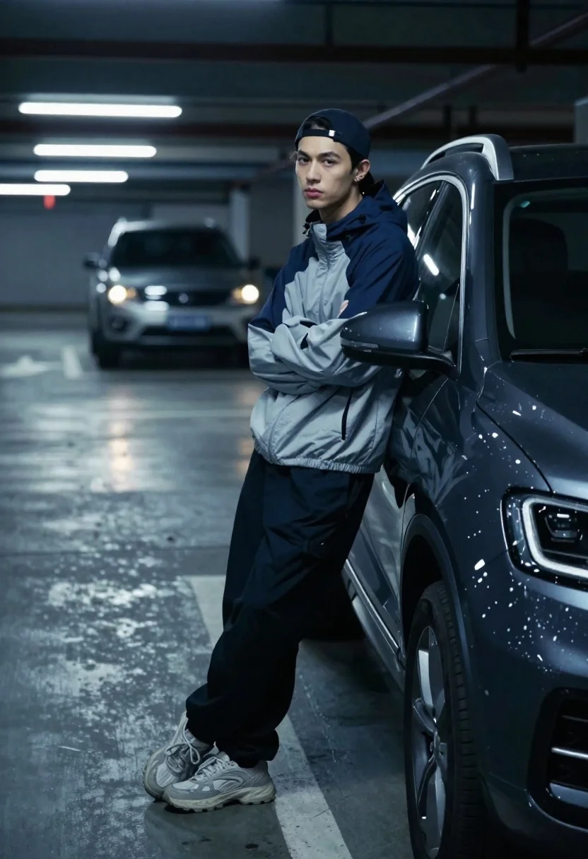 Young man leaning against dark suv in underground parking garage - AI generated image prompt sample