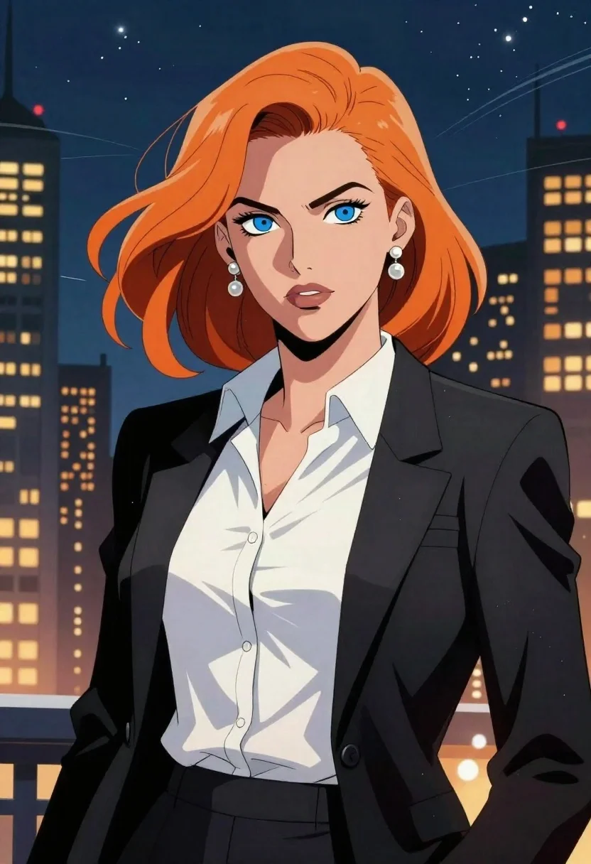 Comic book illustration of woman on nighttime cityscape