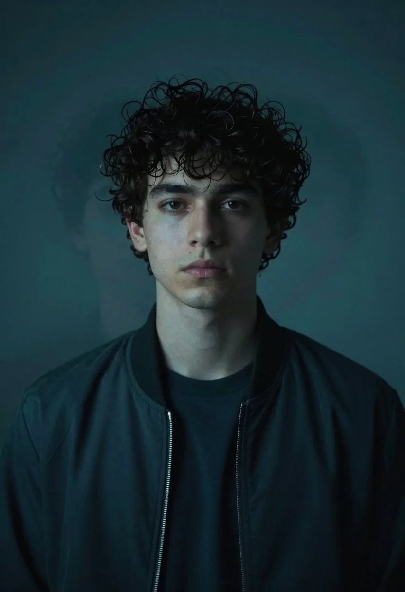 Medium close up portrait of young man with dark curly hair - AI generated image prompt sample