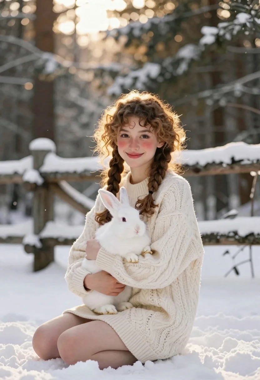 Young woman with white hare sitting in snowy evergreen forest - AI generated image prompt sample