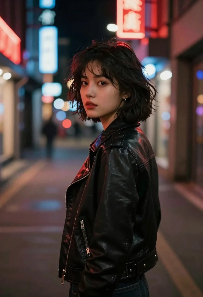 Young woman in black leather jacket on a dimly lit city street - AI generated image prompt sample