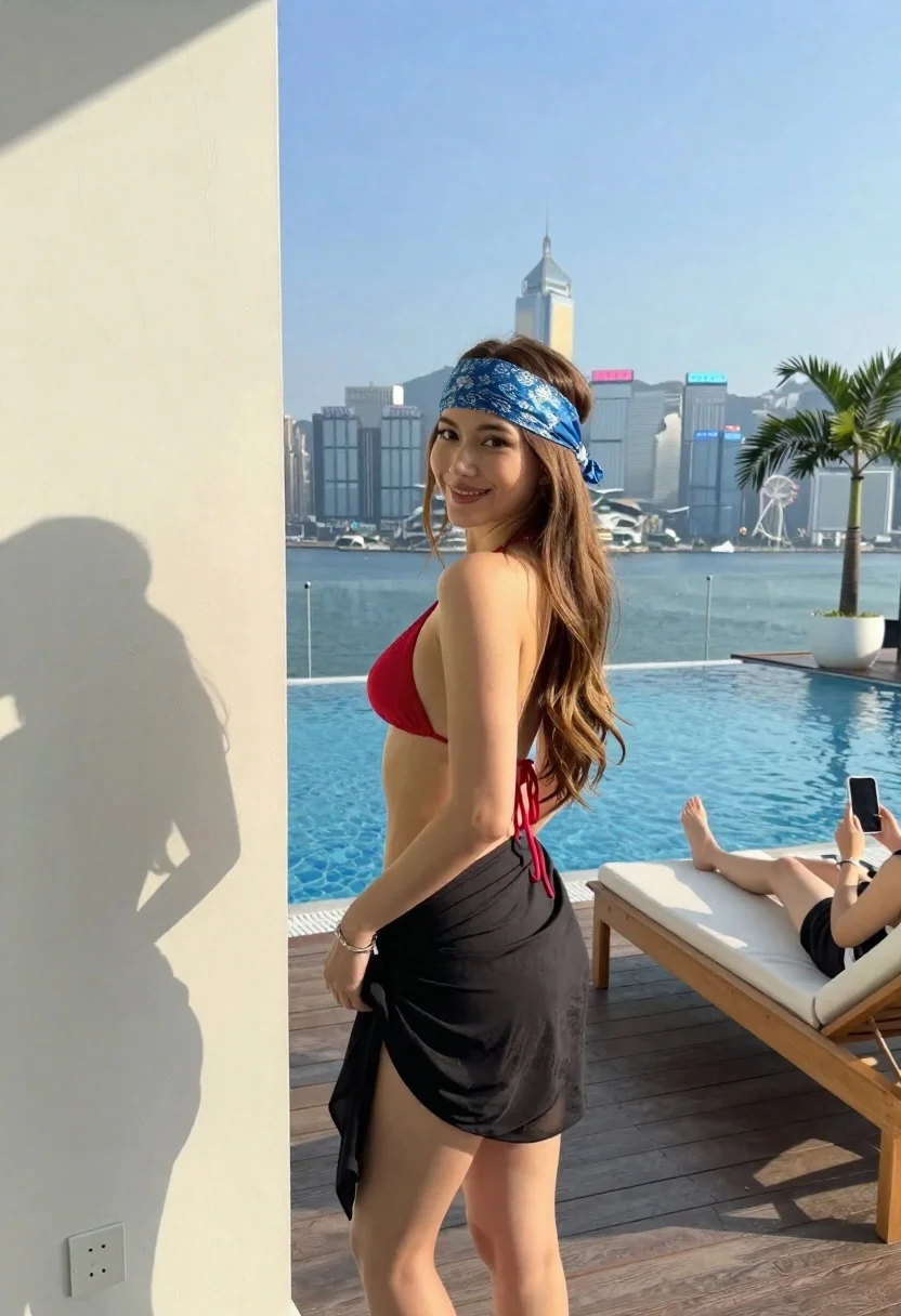 Woman by infinity pool overlooking city skyline on wooden deck