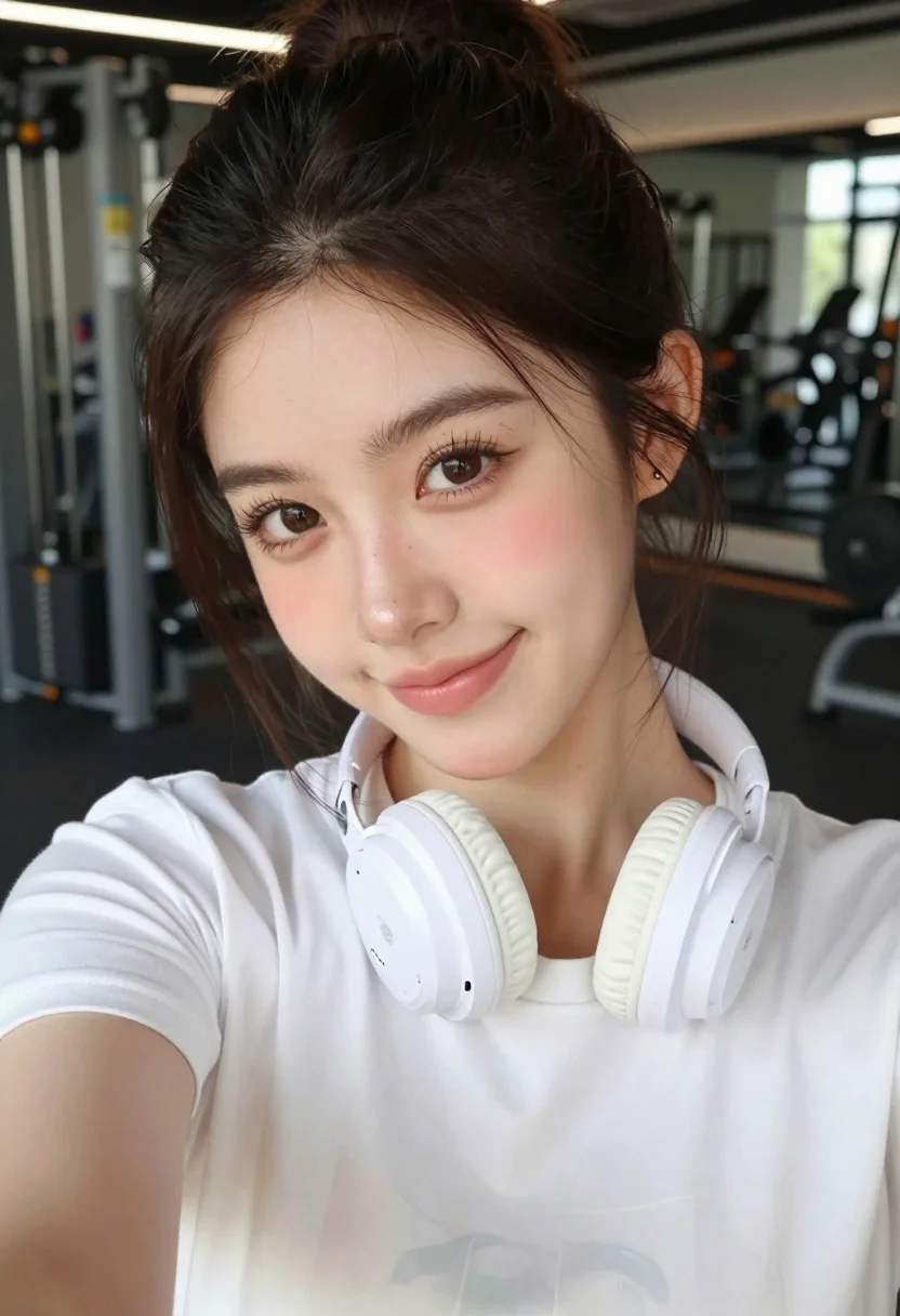 Close up selfie portrait of young woman in white t shirt at - AI generated image prompt sample