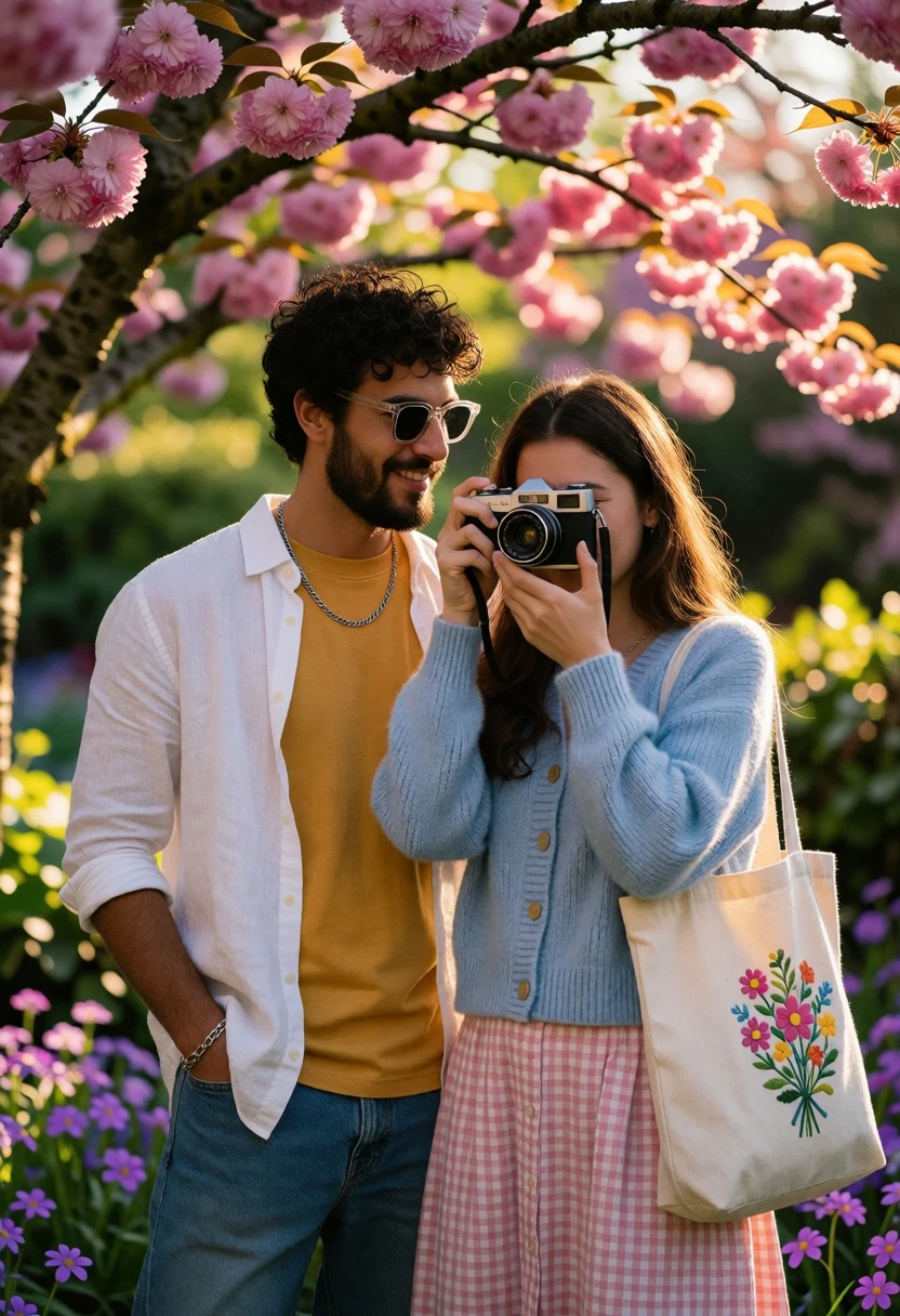 Couple in sunlit garden surrounded by pink cherry blossoms and purple flowers - AI generated image prompt sample