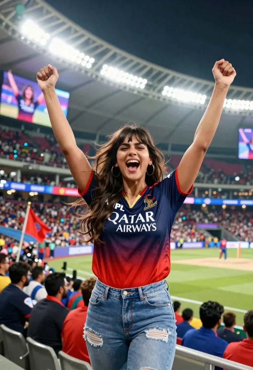 Young woman celebrating victory in packed stadium under bright floodlights - AI generated image prompt sample