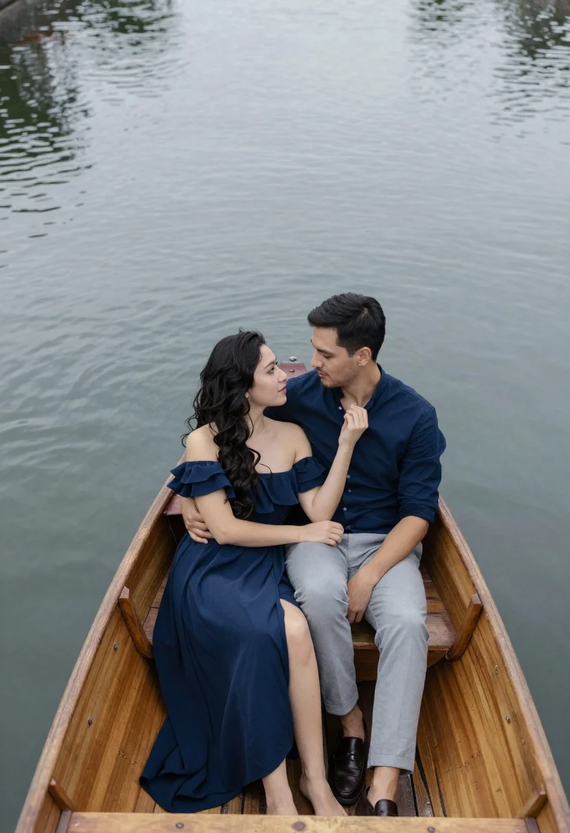 Romantic couple in navy blue outfits sitting in wooden boat - AI generated image prompt sample