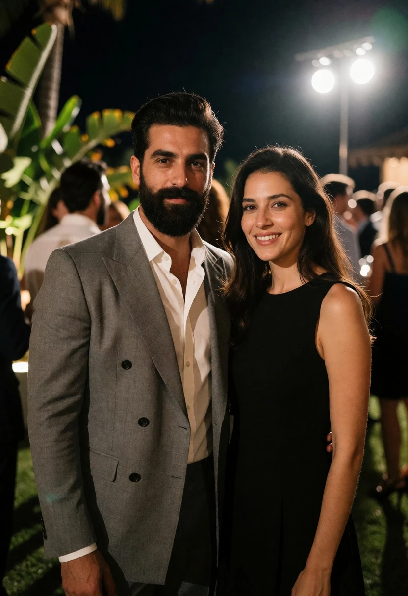 Couple posing at an outdoor evening social gathering under bright spotlights - AI generated image prompt sample