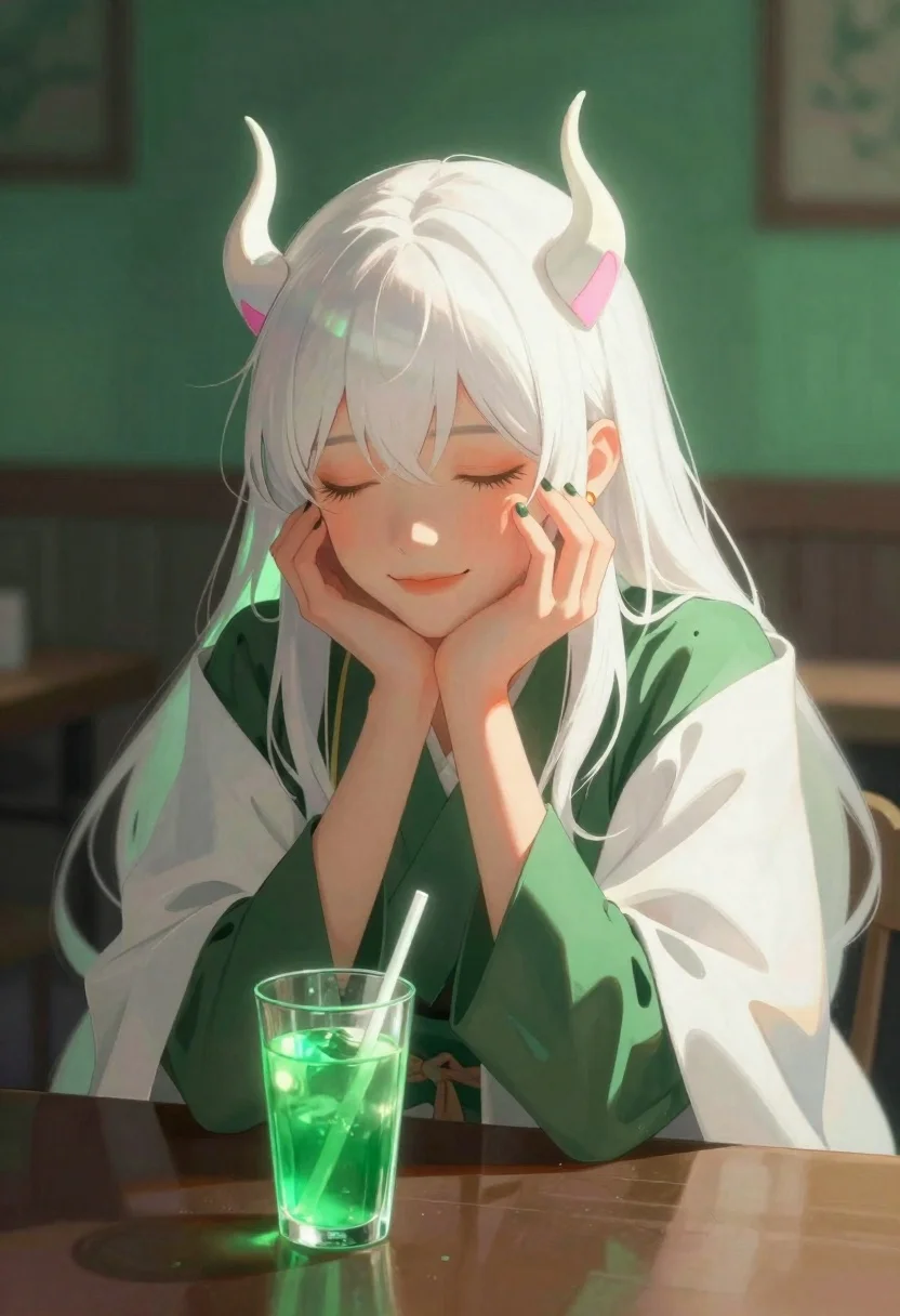Anime girl with white hair resting at a table