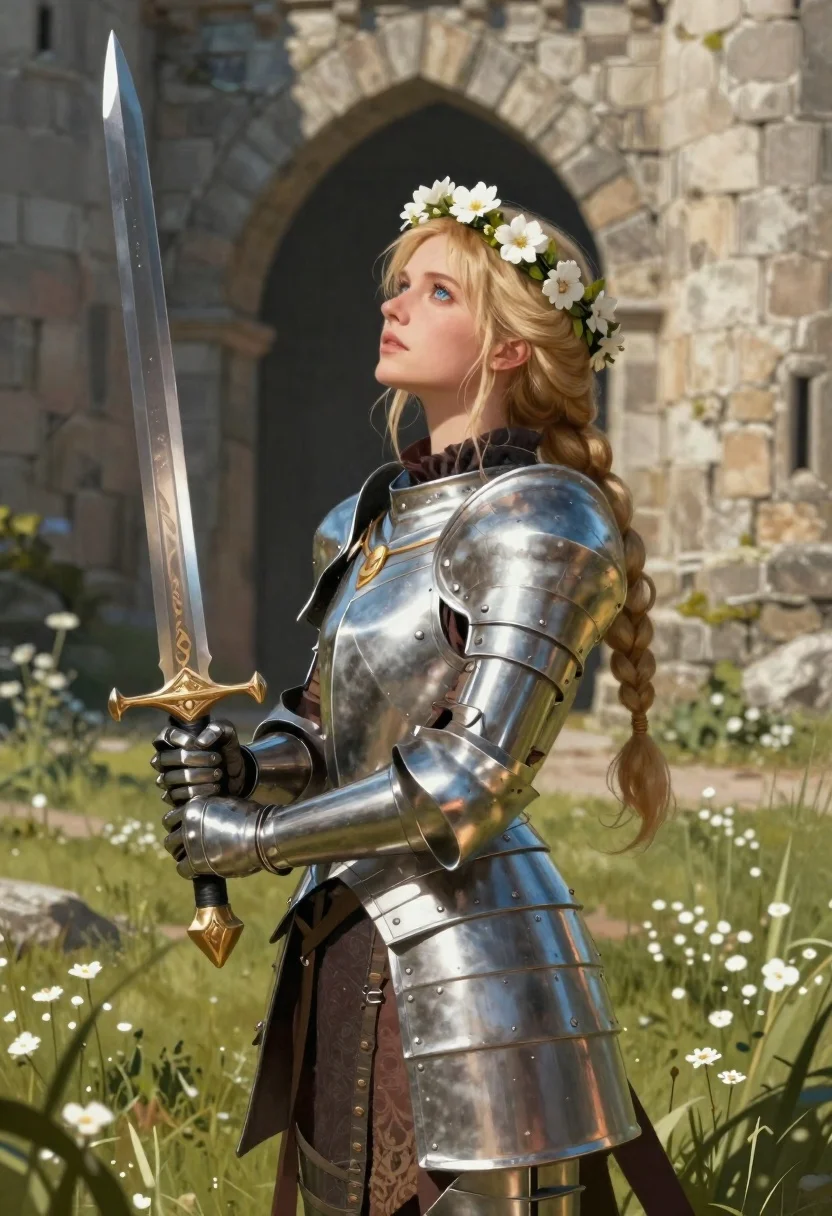 Blonde woman in steel armor before ancient stone castle
