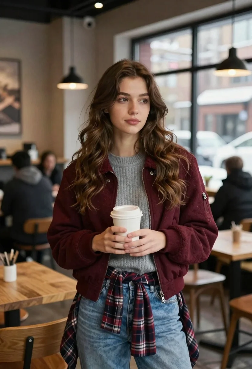 Young woman in sweater and jacket holding coffee cup inside cafe - AI generated image prompt sample