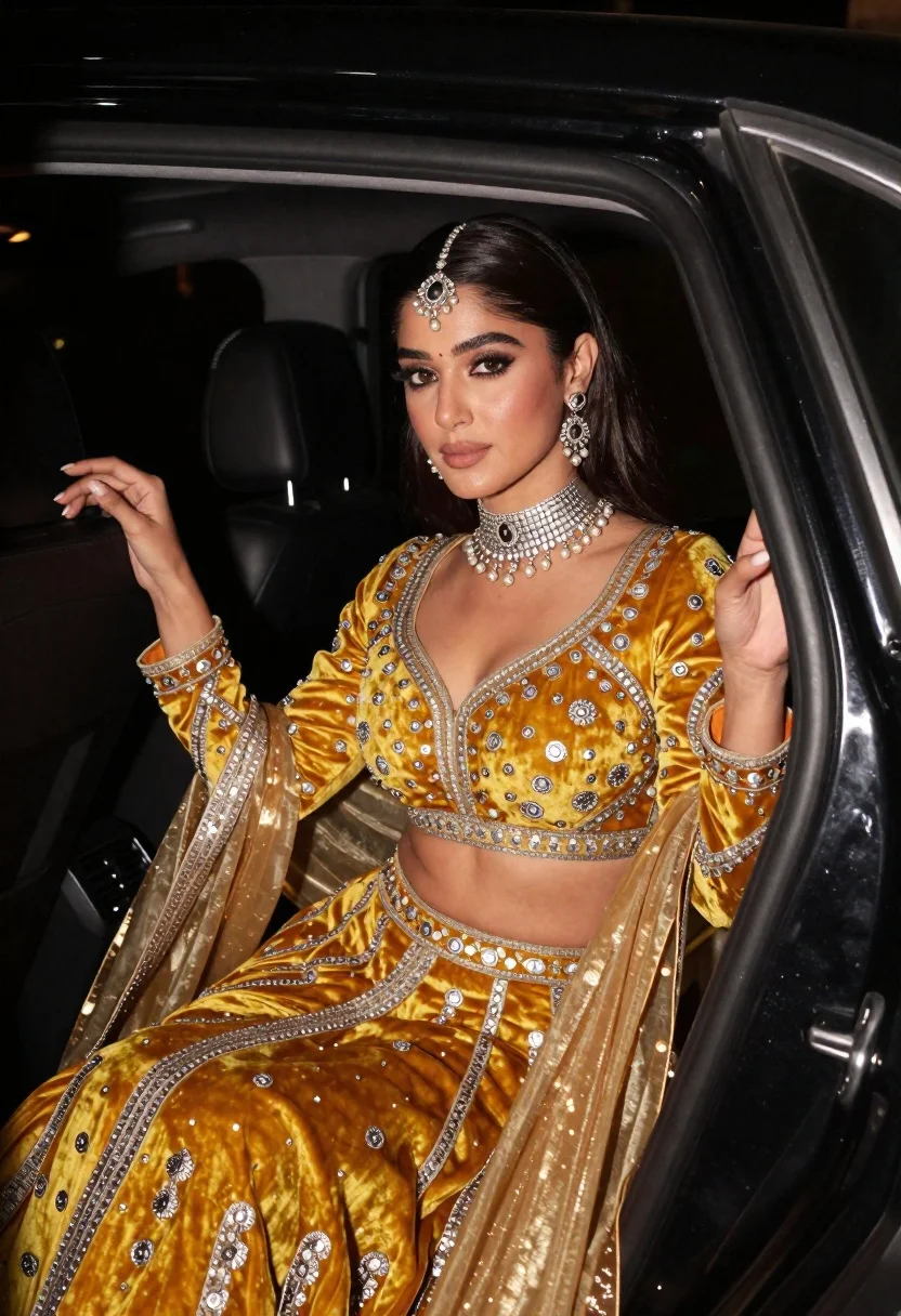 Glamorous woman in yellow embroidered outfit inside luxury car at night