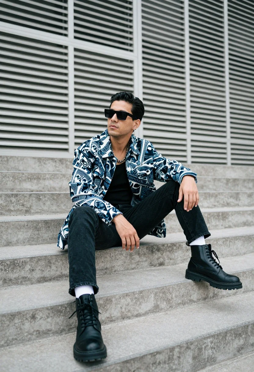 Man sitting on concrete steps against slatted wall low angle view - AI generated image prompt sample