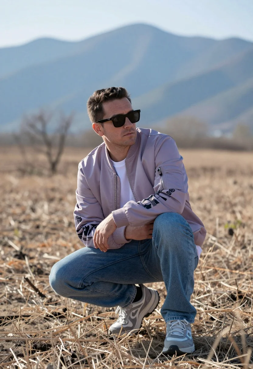 Man crouching in dry field looking at hazy blue mountains backdrop - AI generated image prompt sample