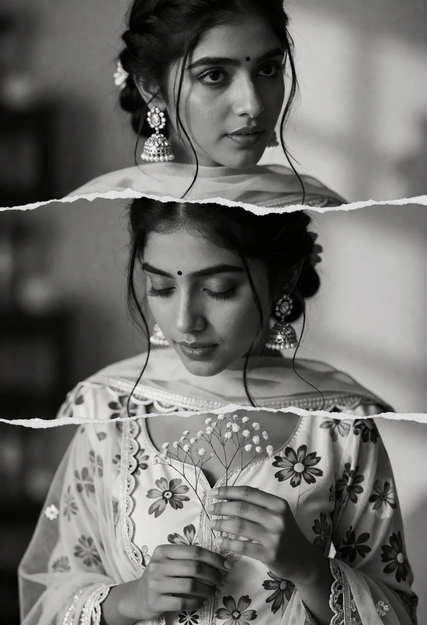 Triptych portrait of young woman with dark hair in traditional attire - AI generated image prompt sample