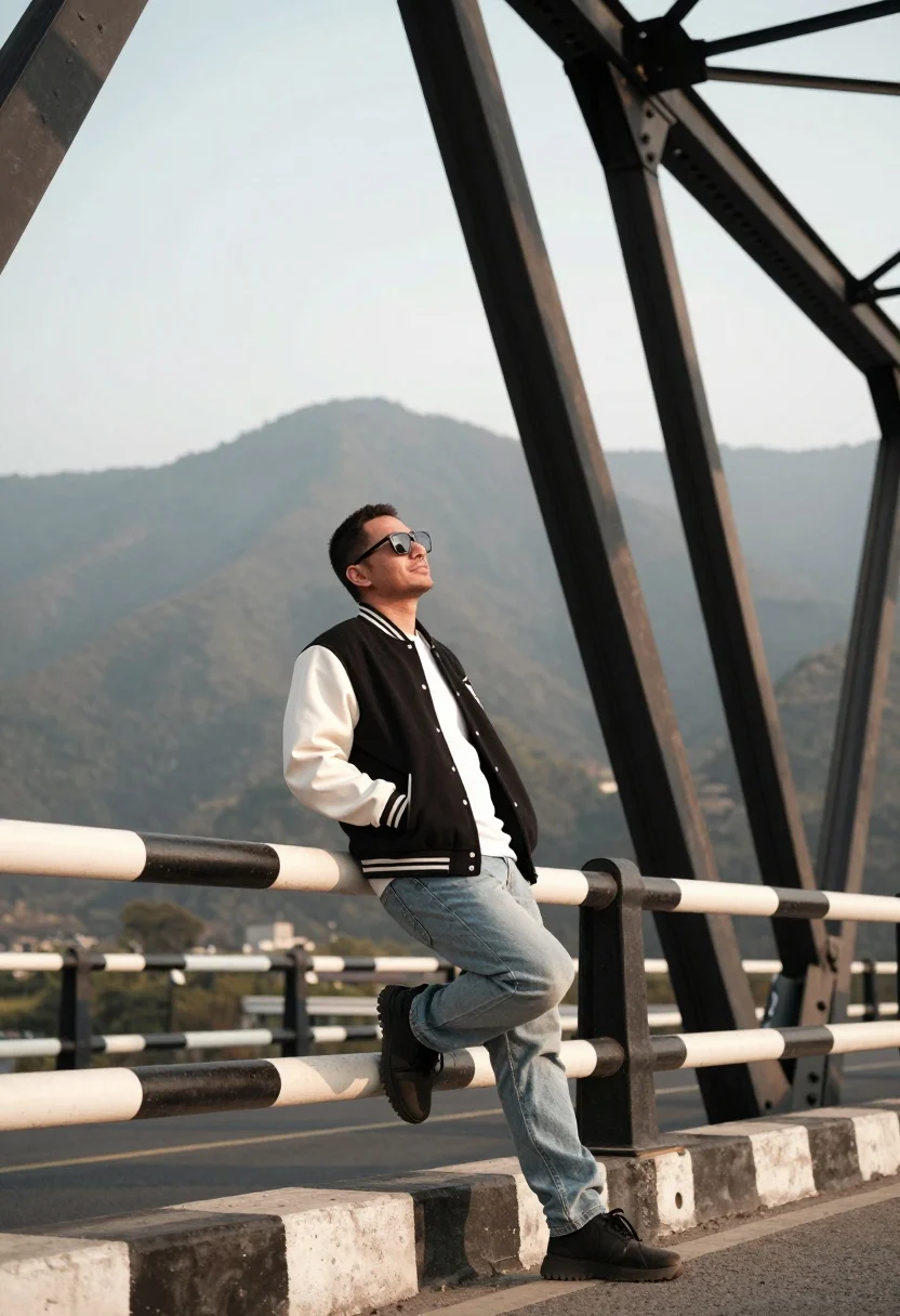 Man leaning on striped railing on bridge overlooking hazy mountains at golden - AI generated image prompt sample