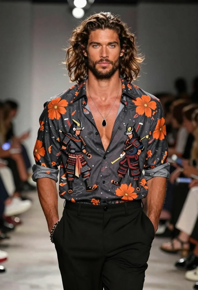 Male model with long brown hair walking fashion runway in floral shirt - AI generated image prompt sample