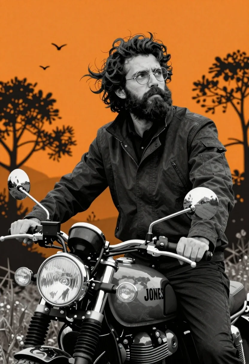 Man on motorcycle against vibrant orange background