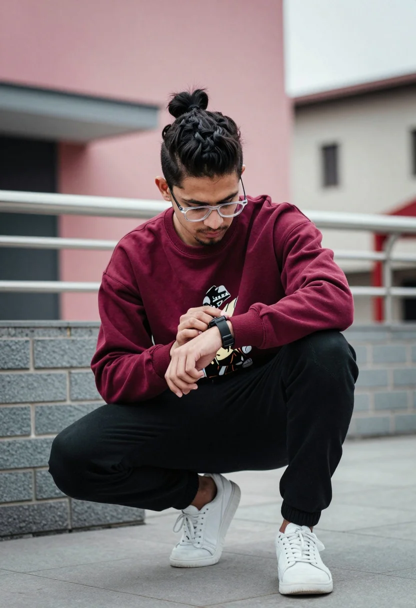 Young man crouching in urban plaza adjusting wristwatch near grey brick wall - AI generated image prompt sample