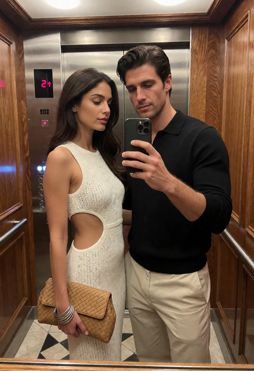 Couple taking mirror selfie inside an elevator with wood paneling walls - AI generated image prompt sample