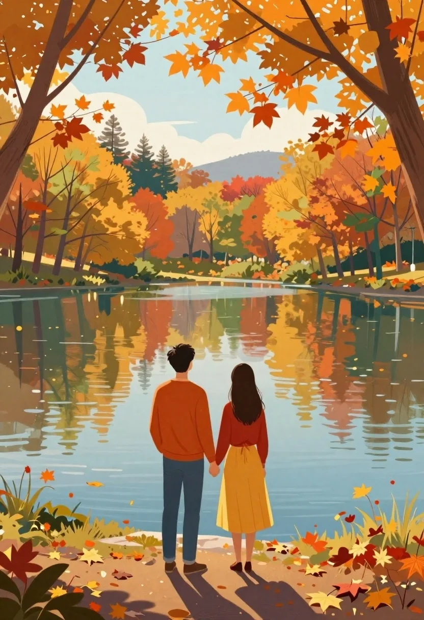 Couple looking at calm lake during autumn