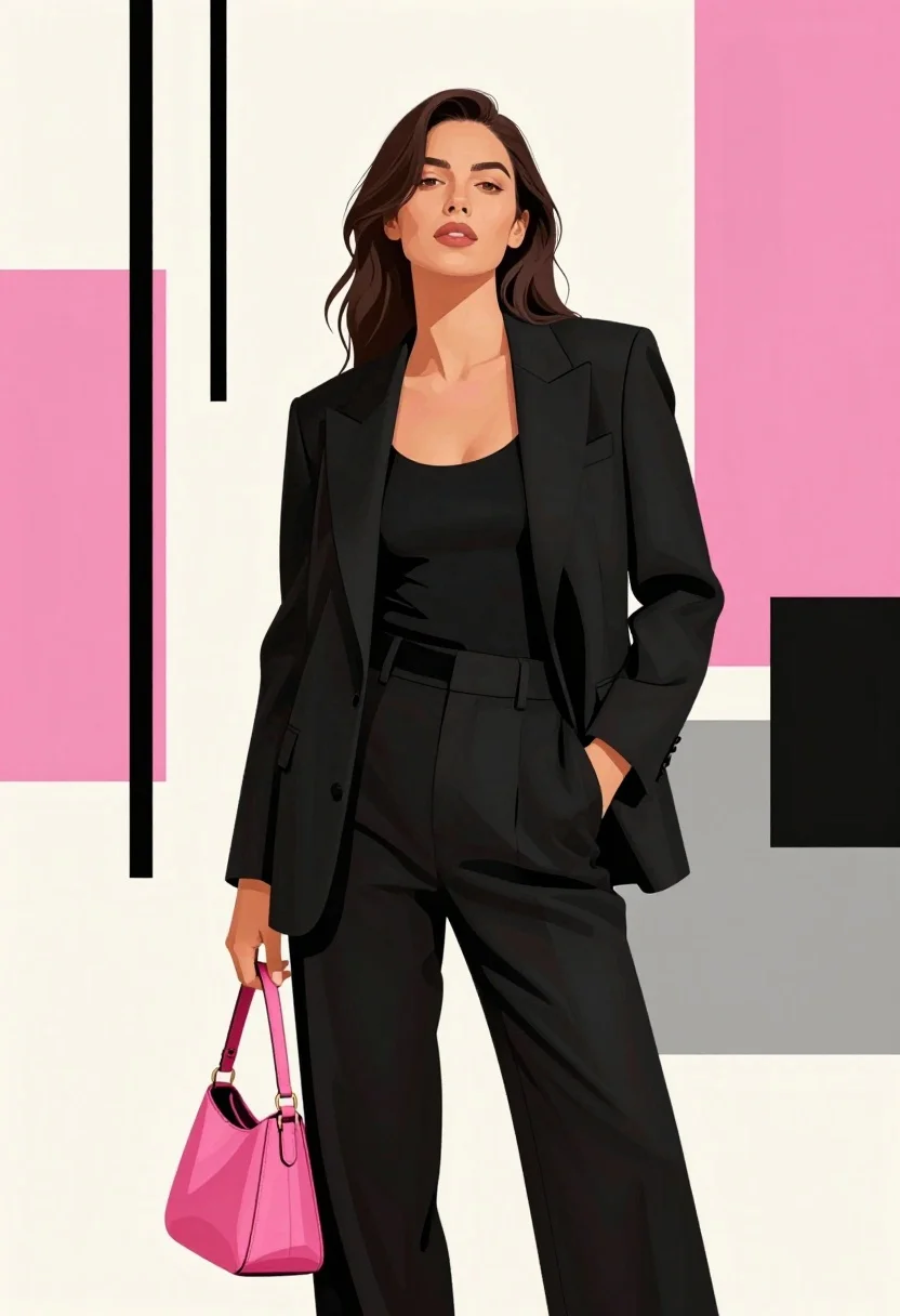 Poised woman in black tailored outfit against pink geometric background - AI generated image prompt sample