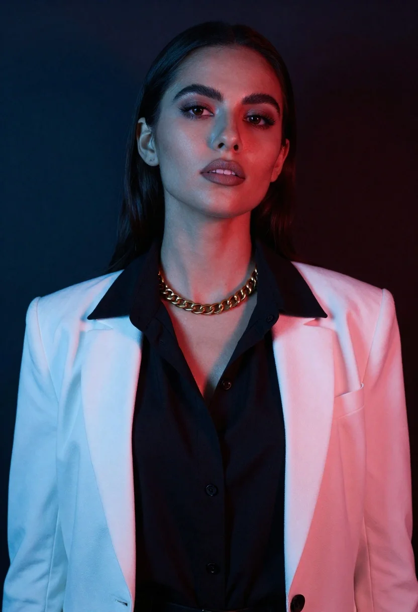Studio portrait of woman with blue and red lighting