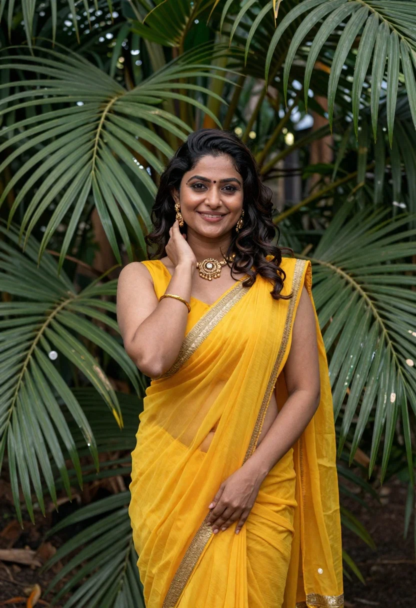Smiling woman in yellow saree against lush tropical palm foliage backdrop