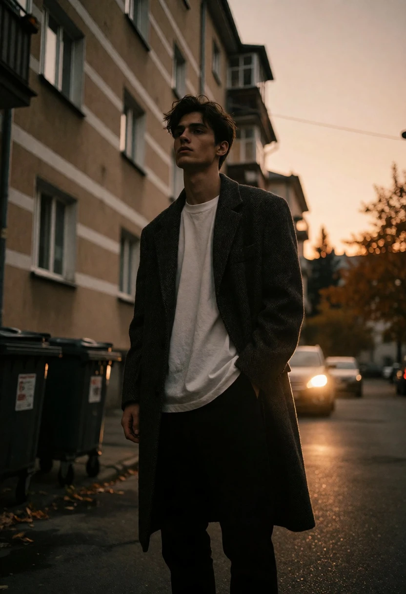 Young man standing alone on an urban backstreet at dusk with soft - AI generated image prompt sample