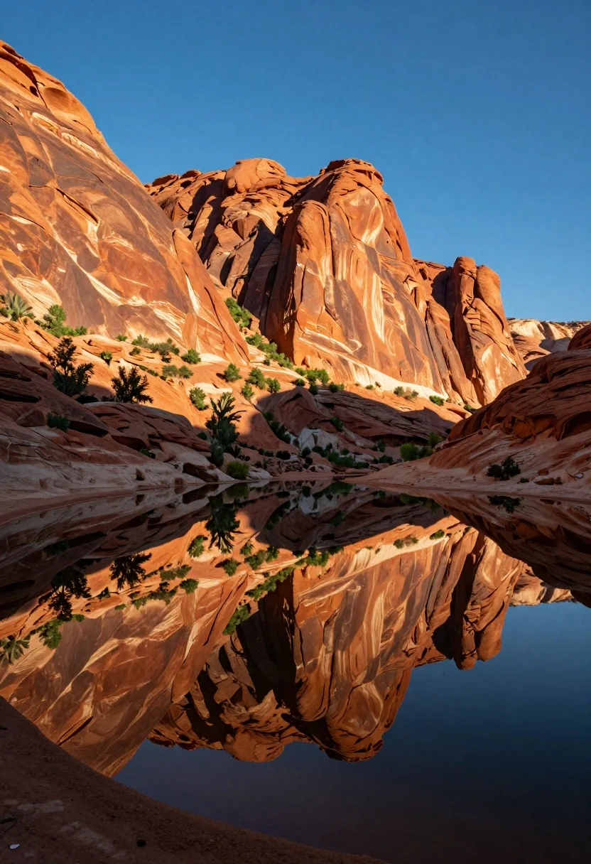 Majestic red rock formations reflected perfectly in calm desert canyon water - AI generated image prompt sample