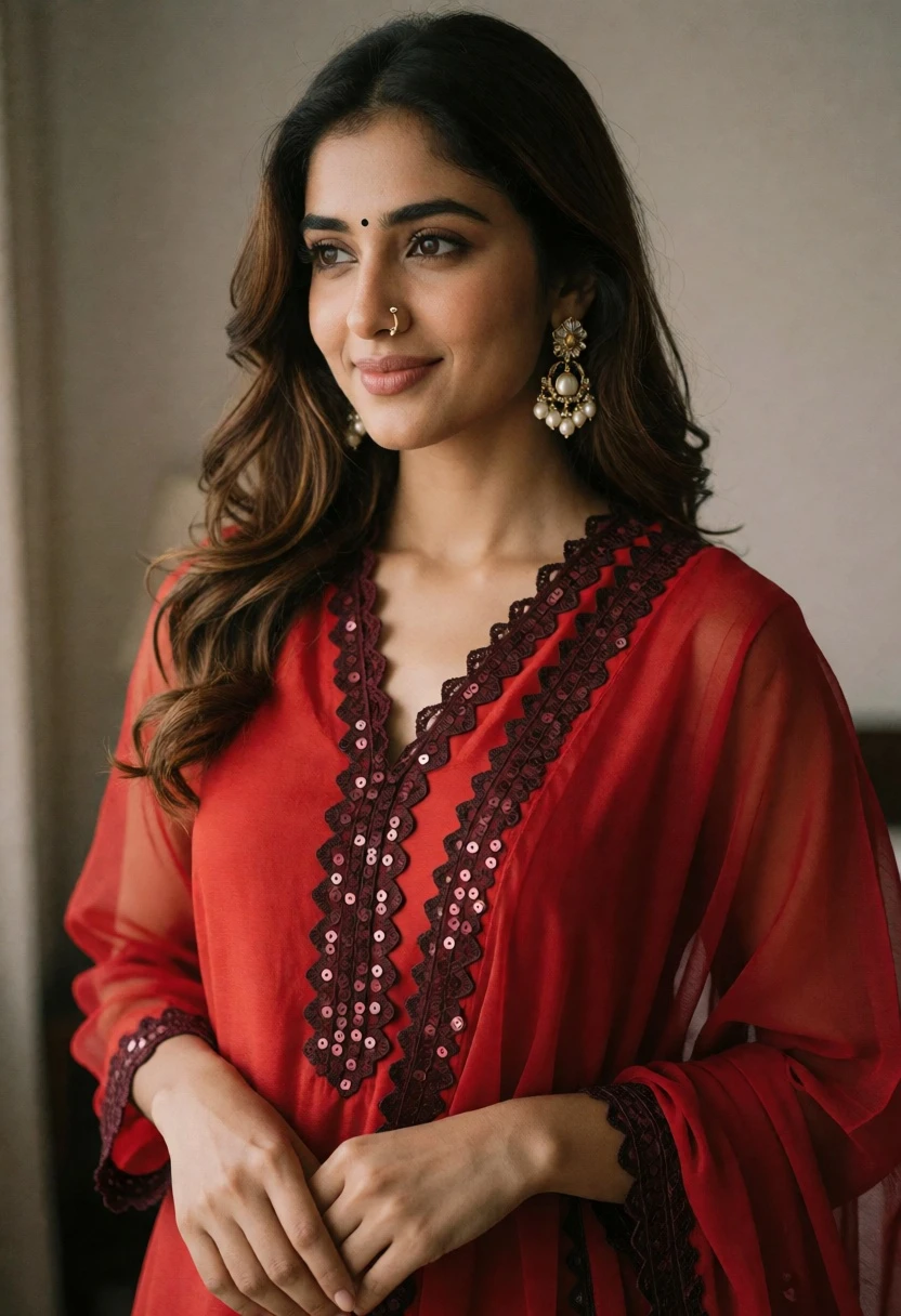Young woman in red tunic with pearl earrings indoors soft lighting - AI generated image prompt sample