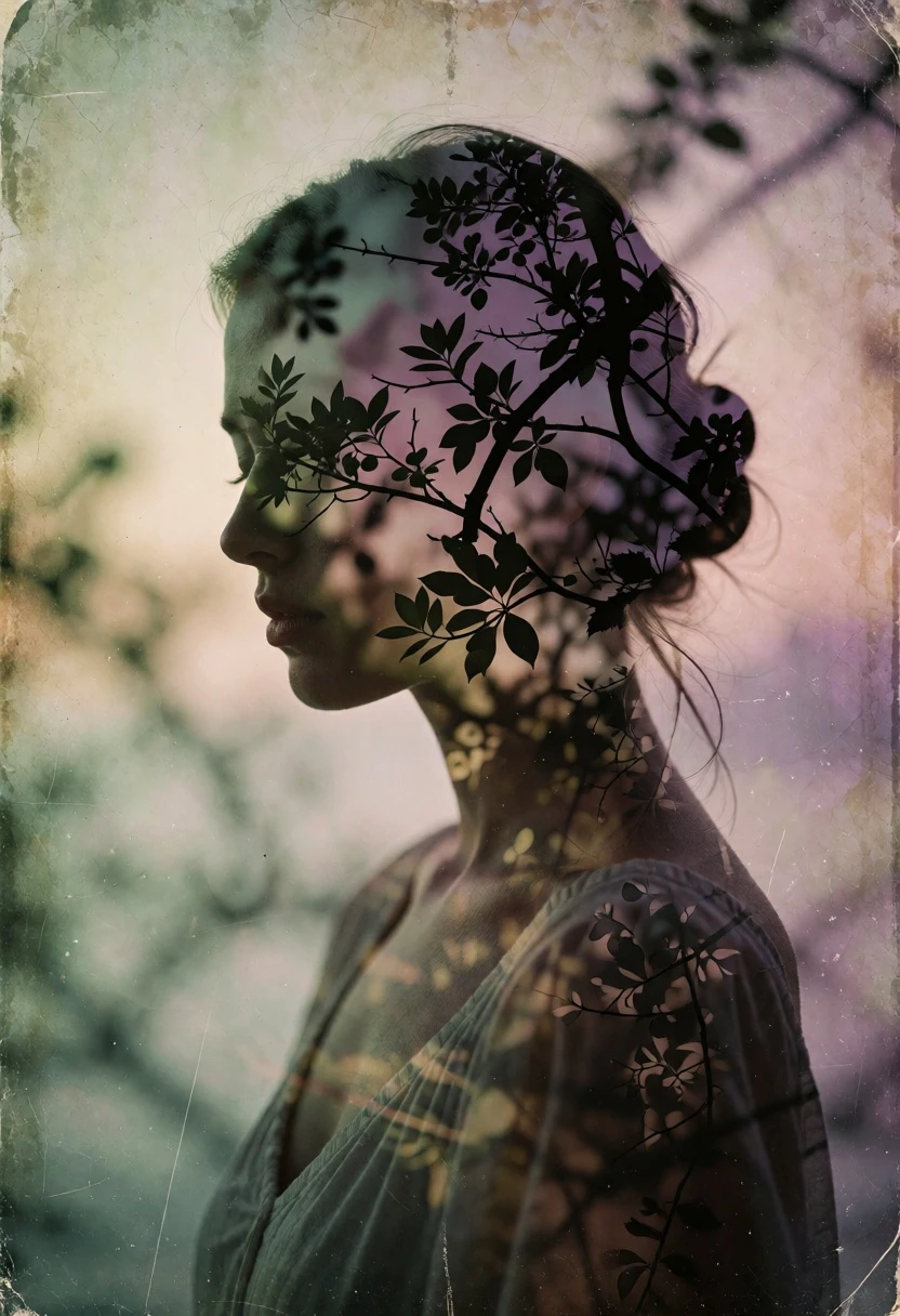Double exposure portrait silhouette fused with dark branches and foliage - AI generated image prompt sample