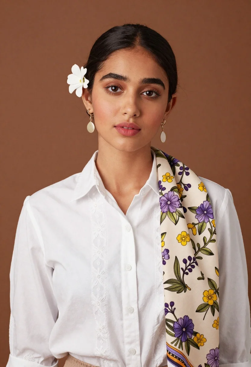 Young woman portrait with white flower and embroidered shirt - AI generated image prompt sample