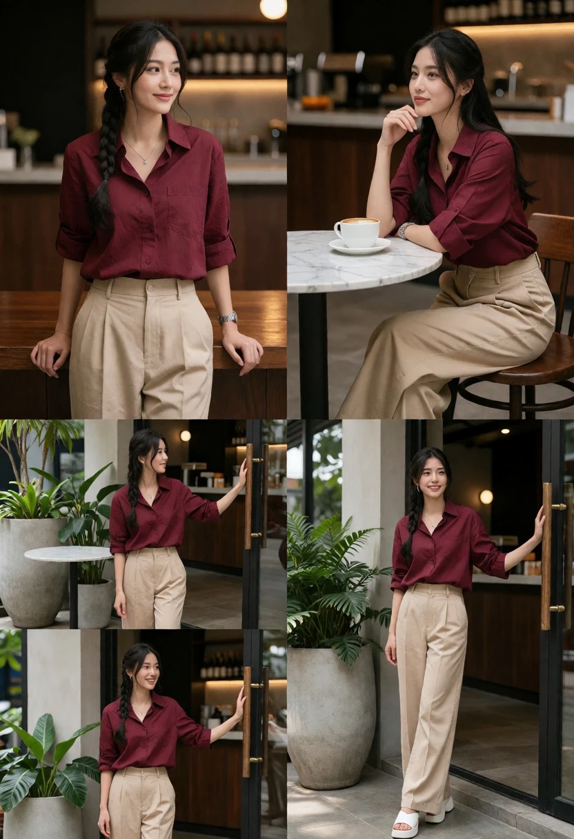 Collage of candid lifestyle photos featuring woman in modern cafe setting - AI generated image prompt sample