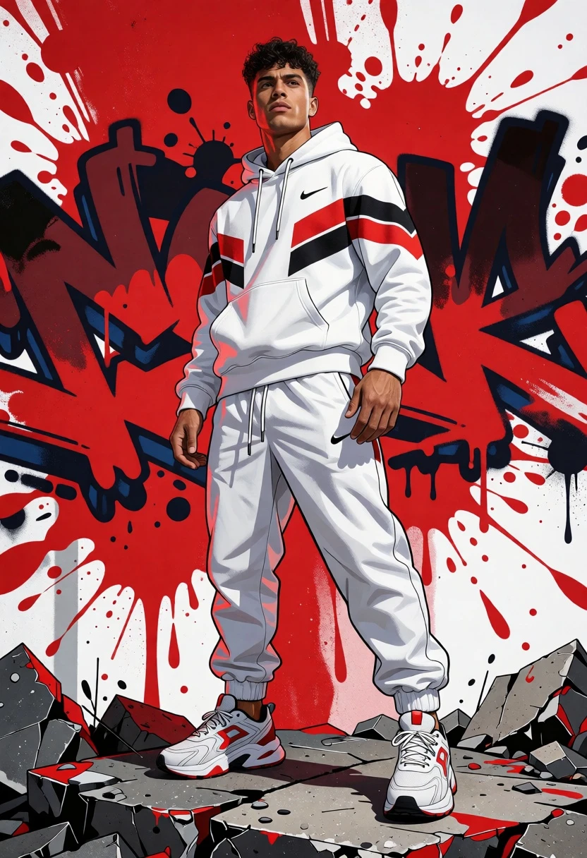 Young man standing on rubble against vibrant red graffiti backdrop - AI generated image prompt sample