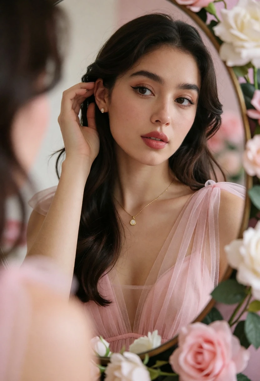 Young woman touching hair while gazing into a round mirror surrounded by - AI generated image prompt sample