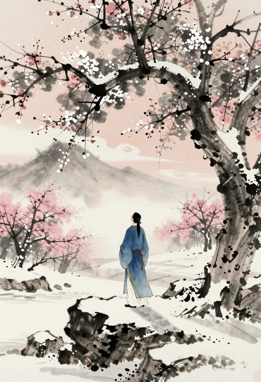 Man in blue robes on snow rocks under ancient tree