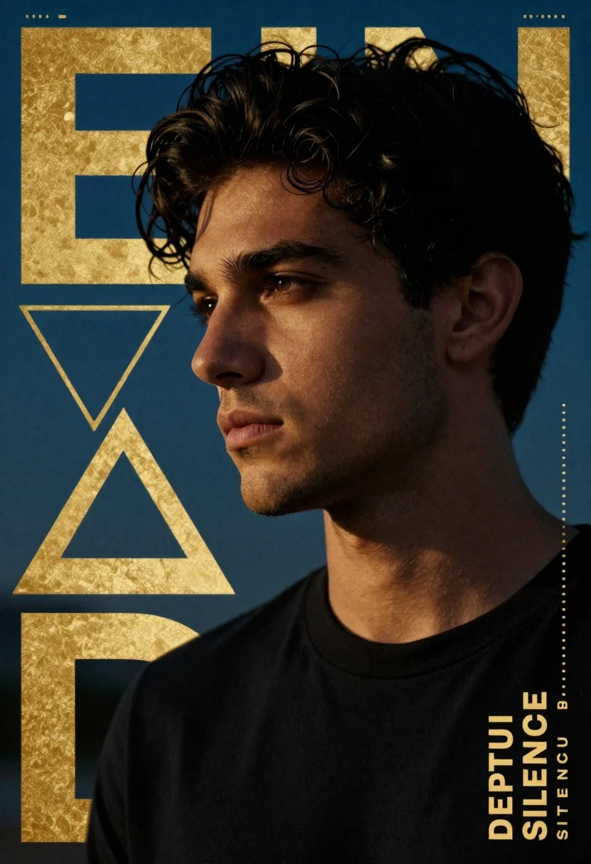Close up profile portrait of young man with dark hair against gold - AI generated image prompt sample