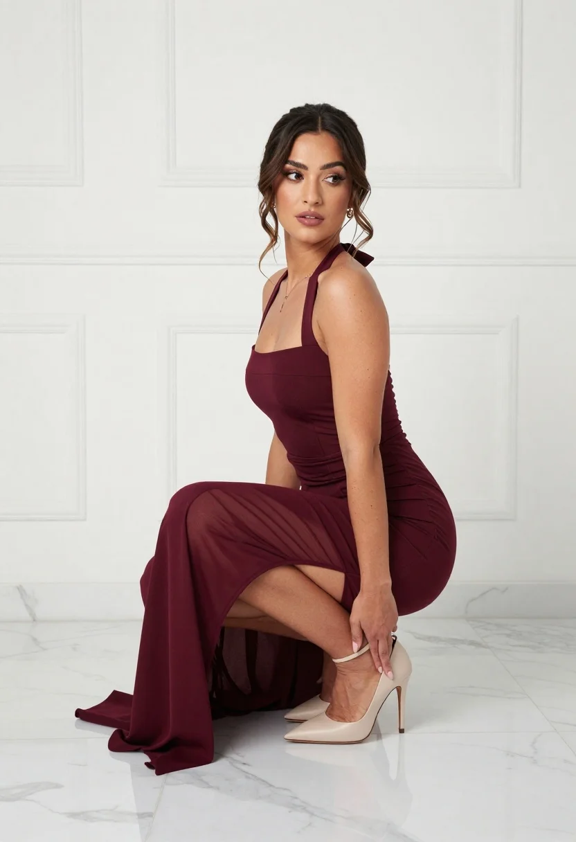 Woman in burgundy gown posing elegantly on white marble floor indoors - AI generated image prompt sample