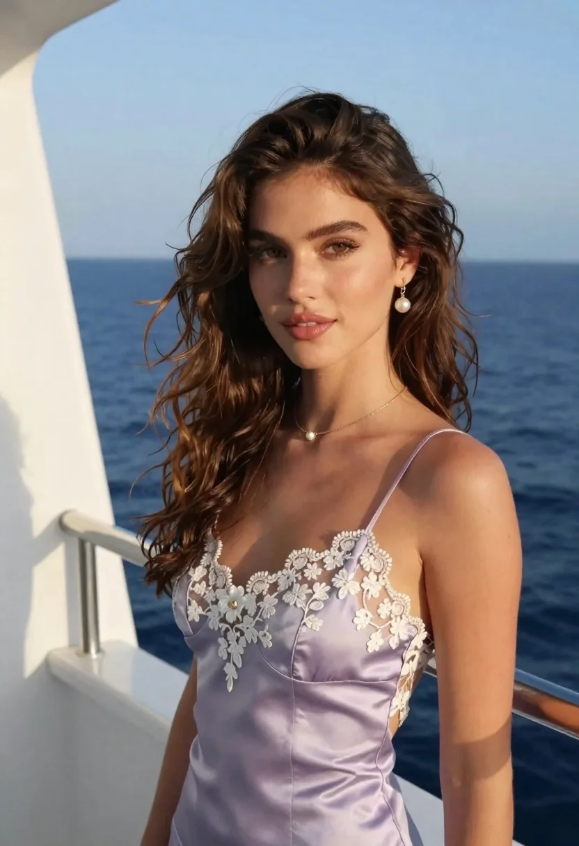 Young woman with wavy brown hair on boat deck gazing at camera - AI generated image prompt sample